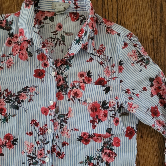 Floral/stripped cotton button up blouse - Picture 3 of 5
